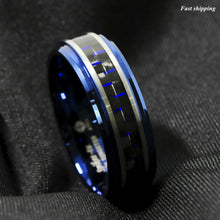 Load image into Gallery viewer, 8mm Blue Tungsten Ring Black and Blue Carbon Fiber Wedding Band Men jewelry