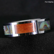Load image into Gallery viewer, 8mm Silver Tungsten Ring Koa Wood Abalone Inlay Wedding Band Men's Jewelry