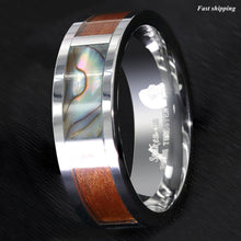 Load image into Gallery viewer, 8mm Silver Tungsten Ring Koa Wood Abalone Inlay Wedding Band Men's Jewelry