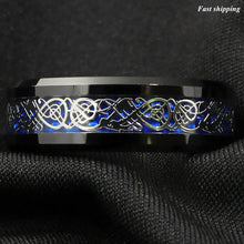 Load image into Gallery viewer, 8mm Blue Black Silvering Celtic Dragon Tungsten Carbide Ring Men's Jewelry