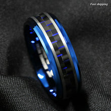 Load image into Gallery viewer, 8mm Blue Tungsten Ring Black and Blue Carbon Fiber Wedding Band Men jewelry