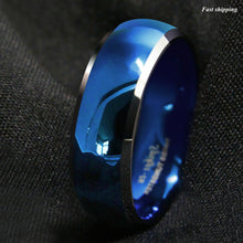 Load image into Gallery viewer, 8mm Men's Tungsten Ring Blue Domed with Beveled Silver Edges Band