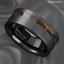 Load image into Gallery viewer, 8mm Black Brushed Tungsten Carbide Ring Off Center Koa Wood  Wedding Band
