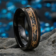 Load image into Gallery viewer, 8mm ATOP Plated Stripe 24K Gold Foil &amp; Meteorite Tungsten Mens Wedding Band
