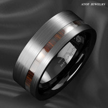 Load image into Gallery viewer, 8mm Black Brushed Tungsten Carbide Ring Off Center Koa Wood  Wedding Band
