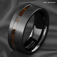 Load image into Gallery viewer, 8mm Black Brushed Tungsten Carbide Ring Off Center Koa Wood  Wedding Band
