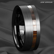 Load image into Gallery viewer, 8mm Black Brushed Tungsten Carbide Ring Off Center Koa Wood  Wedding Band

