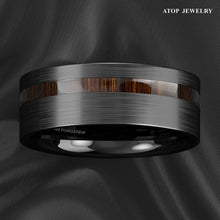 Load image into Gallery viewer, 8mm Black Brushed Tungsten Carbide Ring Off Center Koa Wood  Wedding Band
