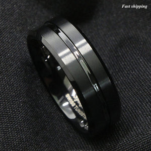 8mm Tungsten Men Black Center Channel Stripe Comfort Fit  Wedding Band Ring