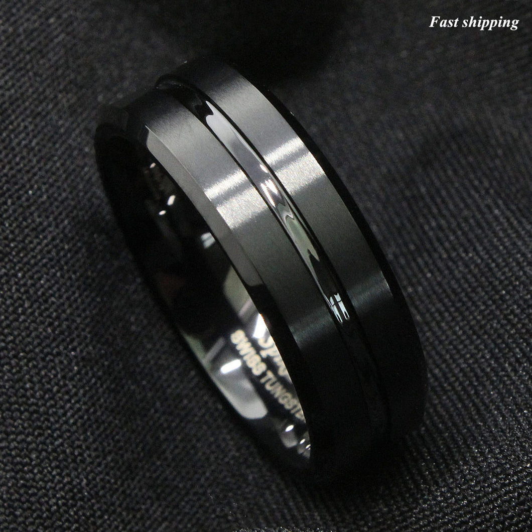 8mm Tungsten Men Black Center Channel Stripe Comfort Fit  Wedding Band Ring