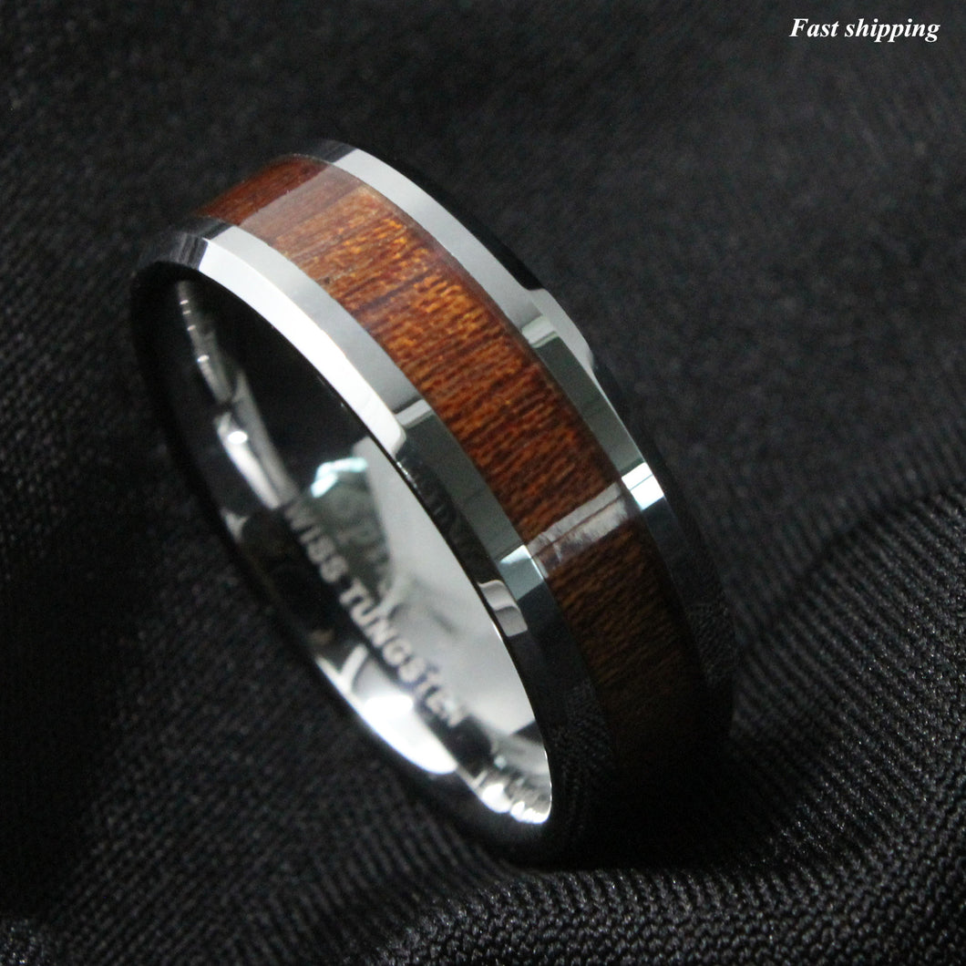 8mm Men's Tungsten Carbide Ring Wood Inlay Beveled edge Wedding Band Ring
