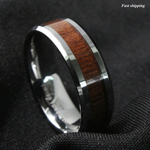 8mm Men's Tungsten Carbide Ring Wood Inlay Beveled edge Wedding Band Ring