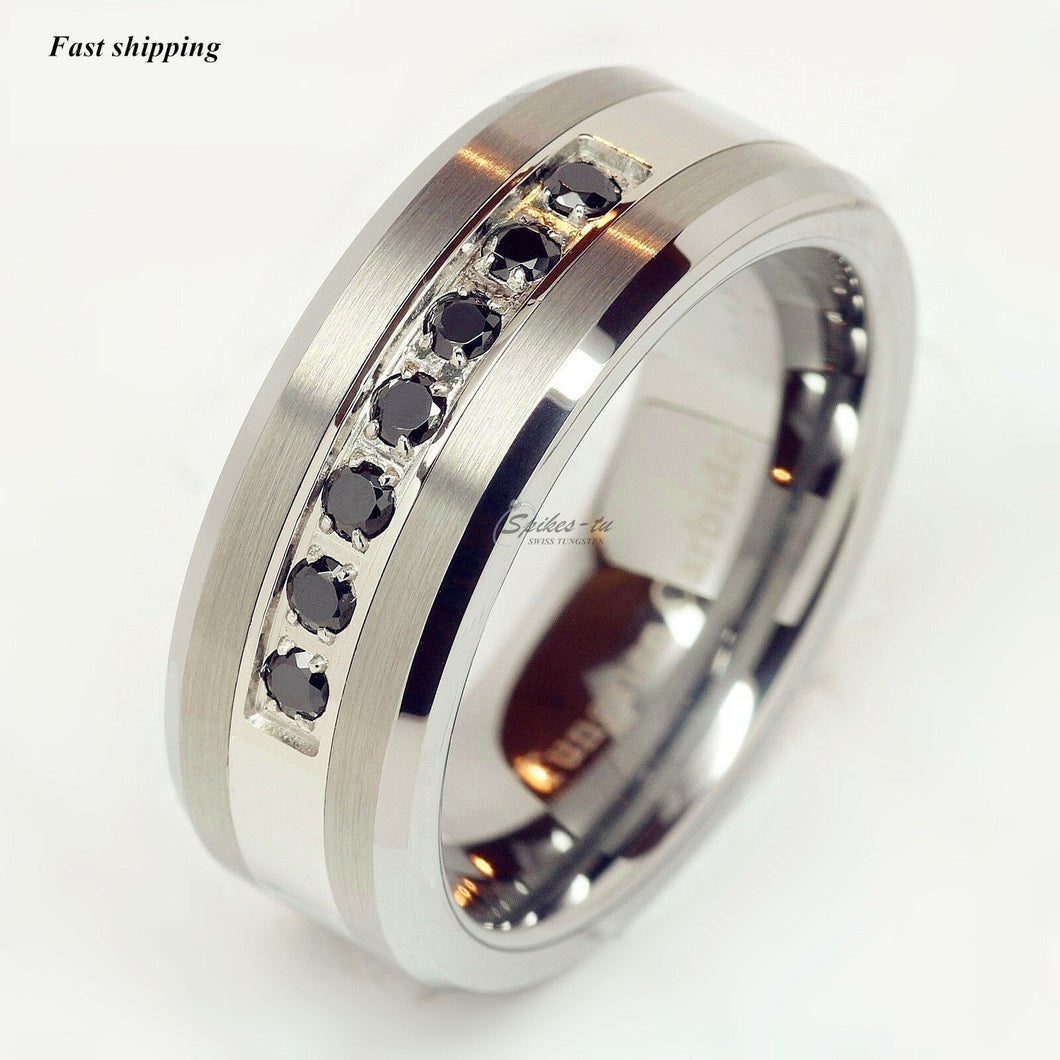 8mm Luxury  Tungsten Ring Black Diamonds Mens Wedding Band Brushed Size 6-13
