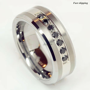 8mm Luxury  Tungsten Ring Black Diamonds Mens Wedding Band Brushed Size 6-13