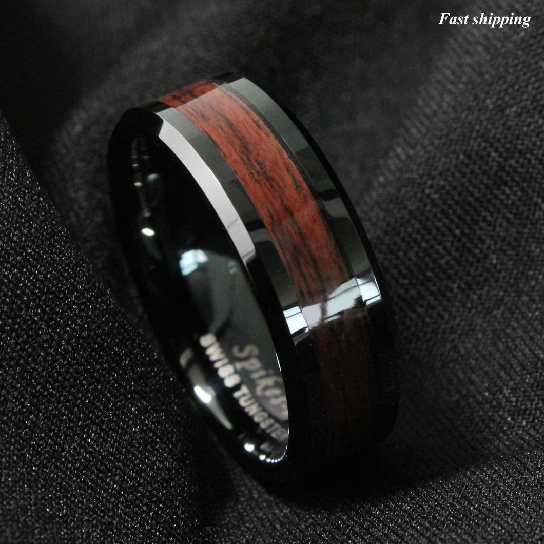 8mm Black Men's Tungsten Carbide ring Red Wood Inlay Wedding Band mens jewelry