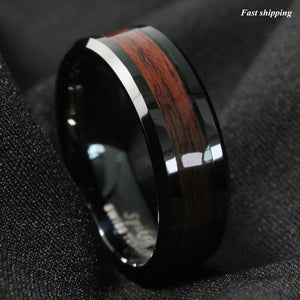 8mm Black Men's Tungsten Carbide ring Red Wood Inlay Wedding Band mens jewelry