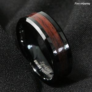 8mm Black Men's Tungsten Carbide ring Red Wood Inlay Wedding Band mens jewelry