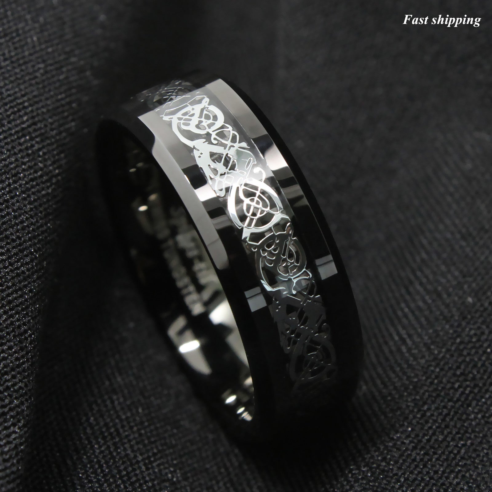 Queenwish Black Tungsten Carbide Ring - 8mm Celtic Dragon Wedding Band With Silver Inlay