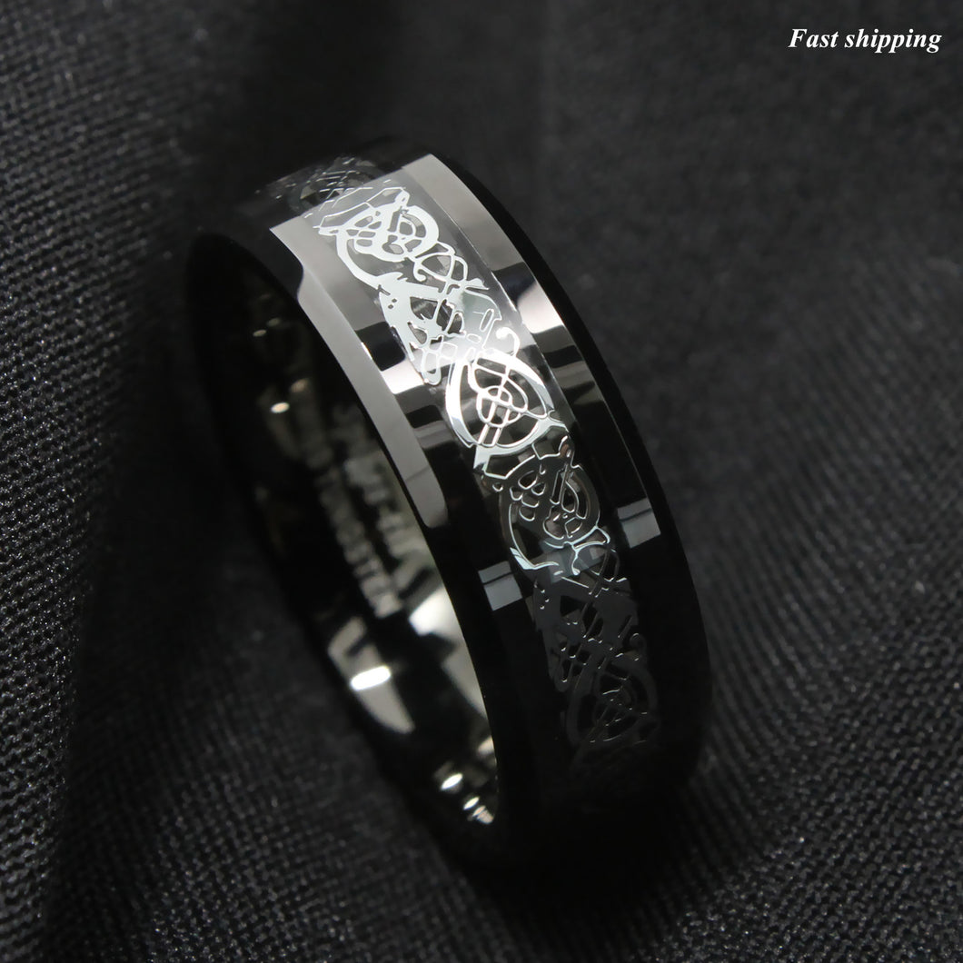8mm Classic Silver Celtic Dragon Black Tungsten Carbon Ring  men¡¯s jewelry