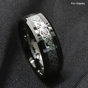 8mm Classic Silver Celtic Dragon Black Tungsten Carbon Ring  men¡¯s jewelry