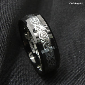8mm Classic Silver Celtic Dragon Black Tungsten Carbon Ring  men¡¯s jewelry