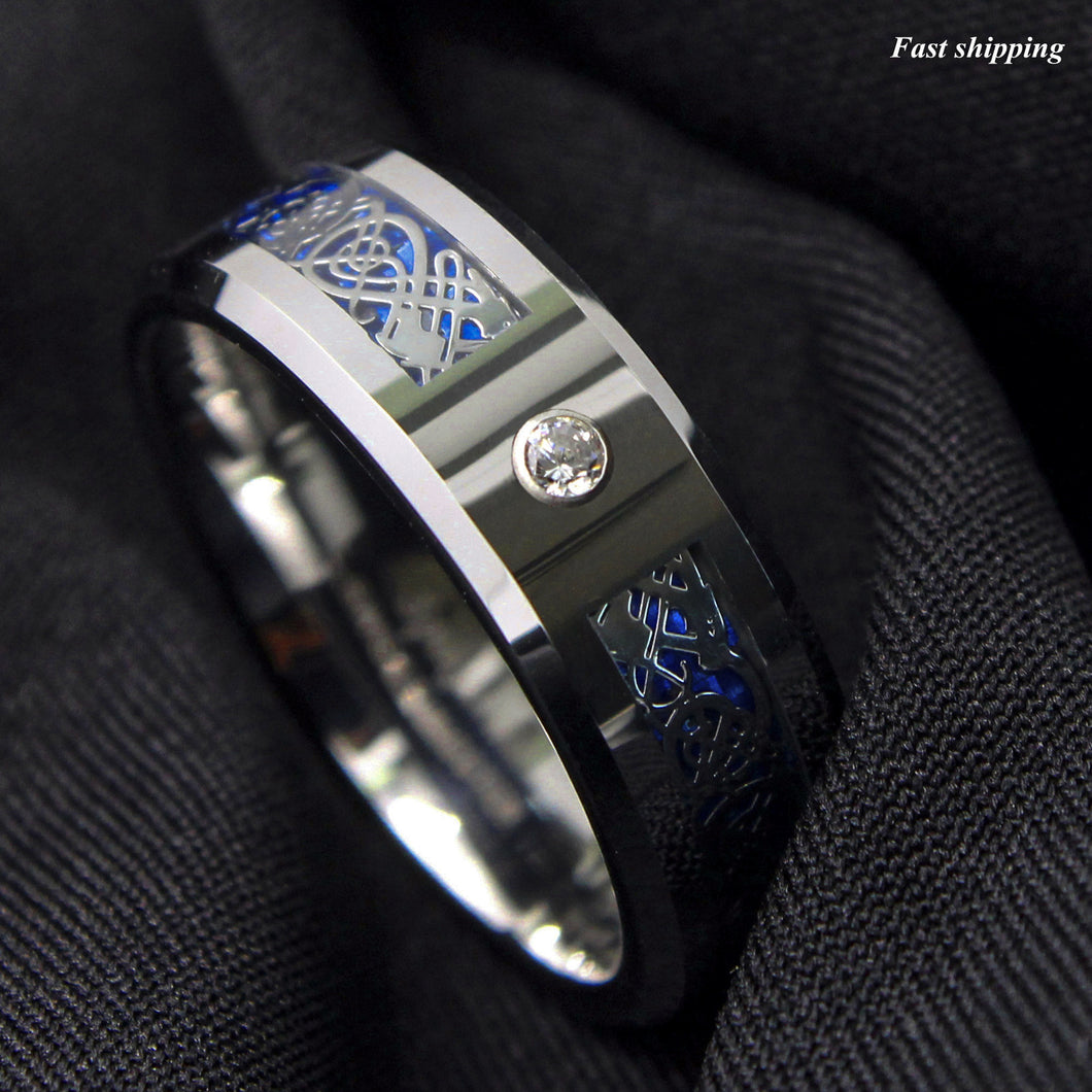 8mm CZ Silver Celtic Dragon Tungsten Carbide Ring Wedding Band  Men Jewelry