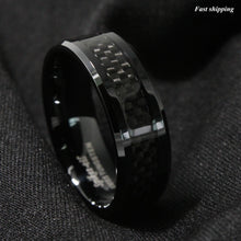 Load image into Gallery viewer, 8mm Tungsten Carbide ring Black Carbon Fiber inlay Wedding Band mens jewelry

