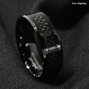 8mm Tungsten Carbide ring Black Carbon Fiber inlay Wedding Band mens jewelry