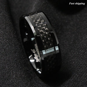 8mm Tungsten Carbide ring Black Carbon Fiber inlay Wedding Band mens jewelry