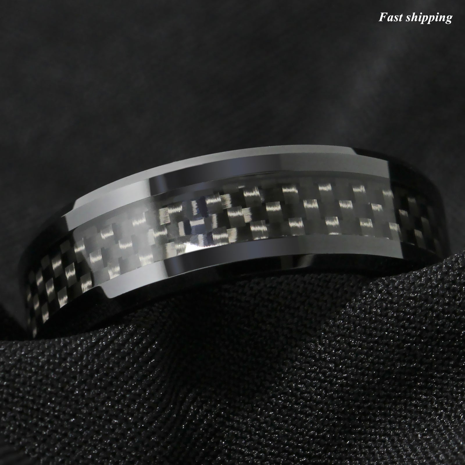 8mm Tungsten Carbide ring Black Carbon Fiber inlay Wedding Band mens j ATOP jewelry