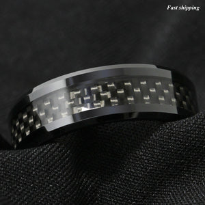 8mm Tungsten Carbide ring Black Carbon Fiber inlay Wedding Band mens jewelry