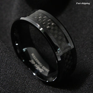 8mm Tungsten Carbide ring Black Carbon Fiber inlay Wedding Band mens jewelry