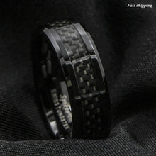 Load image into Gallery viewer, 8mm Tungsten Carbide ring Black Carbon Fiber inlay Wedding Band mens jewelry
