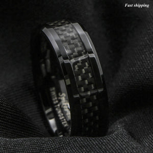 8mm Tungsten Carbide ring Black Carbon Fiber inlay Wedding Band mens jewelry