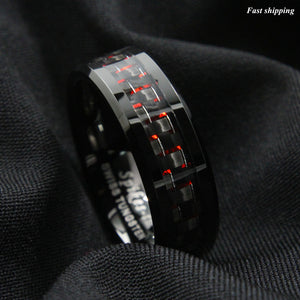 8mm Men Tungsten Ring with Carbon Fiber  Black and red Wedding Band