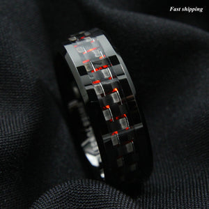 8mm Men Tungsten Ring with Carbon Fiber  Black and red Wedding Band
