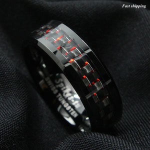 8mm Men Tungsten Ring with Carbon Fiber  Black and red Wedding Band