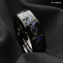 Load image into Gallery viewer, 8mm Black Tungsten Ring Black Blue Carbon Fiber Wedding Band  Men&#39;s jewelry
