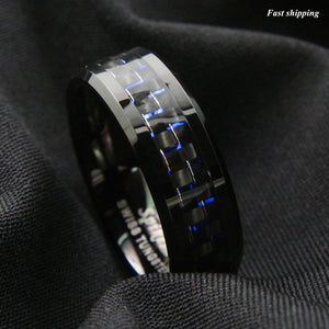 8mm Black Tungsten Ring Black Blue Carbon Fiber Wedding Band  Men's jewelry