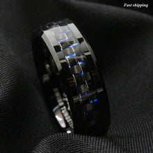 Load image into Gallery viewer, 8mm Black Tungsten Ring Black Blue Carbon Fiber Wedding Band  Men&#39;s jewelry
