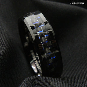 8mm Black Tungsten Ring Black Blue Carbon Fiber Wedding Band  Men's jewelry