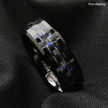Load image into Gallery viewer, 8mm Black Tungsten Ring Black Blue Carbon Fiber Wedding Band  Men&#39;s jewelry
