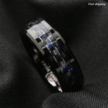 Load image into Gallery viewer, 8mm Black Tungsten Ring Black Blue Carbon Fiber Wedding Band  Men&#39;s jewelry
