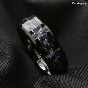 8mm Black Tungsten Ring Black Blue Carbon Fiber Wedding Band  Men's jewelry
