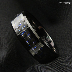 8mm Black Tungsten Ring Black Blue Carbon Fiber Wedding Band  Men's jewelry