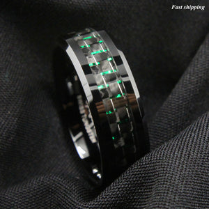 8mm Men's jewelry  Tungsten Ring with Black and Green Carbon Fiber Wedding Band