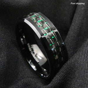 8mm Men's jewelry  Tungsten Ring with Black and Green Carbon Fiber Wedding Band