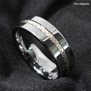 8mm Men's Tungsten Ring Silver Inlay Wedding Band Titanium Color