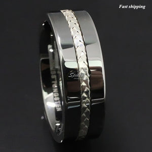 8mm Men's Tungsten Ring Silver Inlay Wedding Band Titanium Color