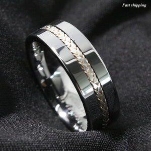 8mm Men's Tungsten Ring Silver Inlay Wedding Band Titanium Color